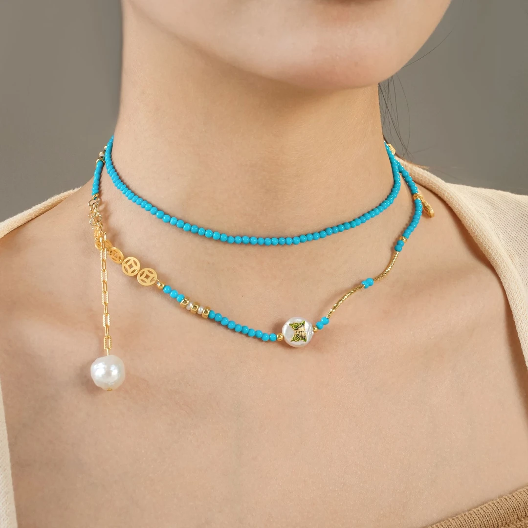 【美宁专属】美松合金珍珠五钱币流苏项链2mm-XZ0095BZ