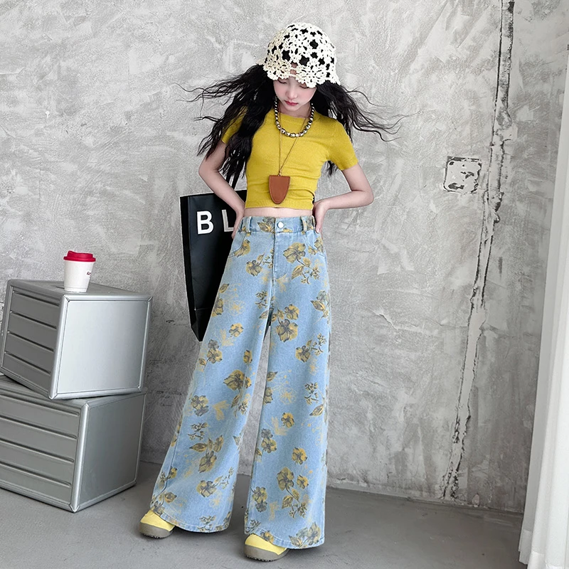 女童夏日套装2025新款儿童针织短袖莫奈花园印花阔腿牛仔裤两件套