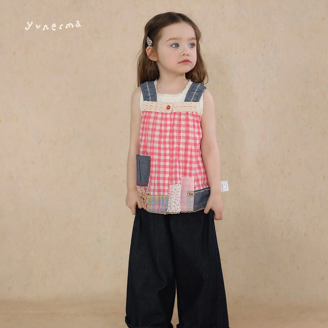女童夏季可爱拼接格子碎花吊带允儿妈时尚背心娃娃衫宝宝洋气上衣