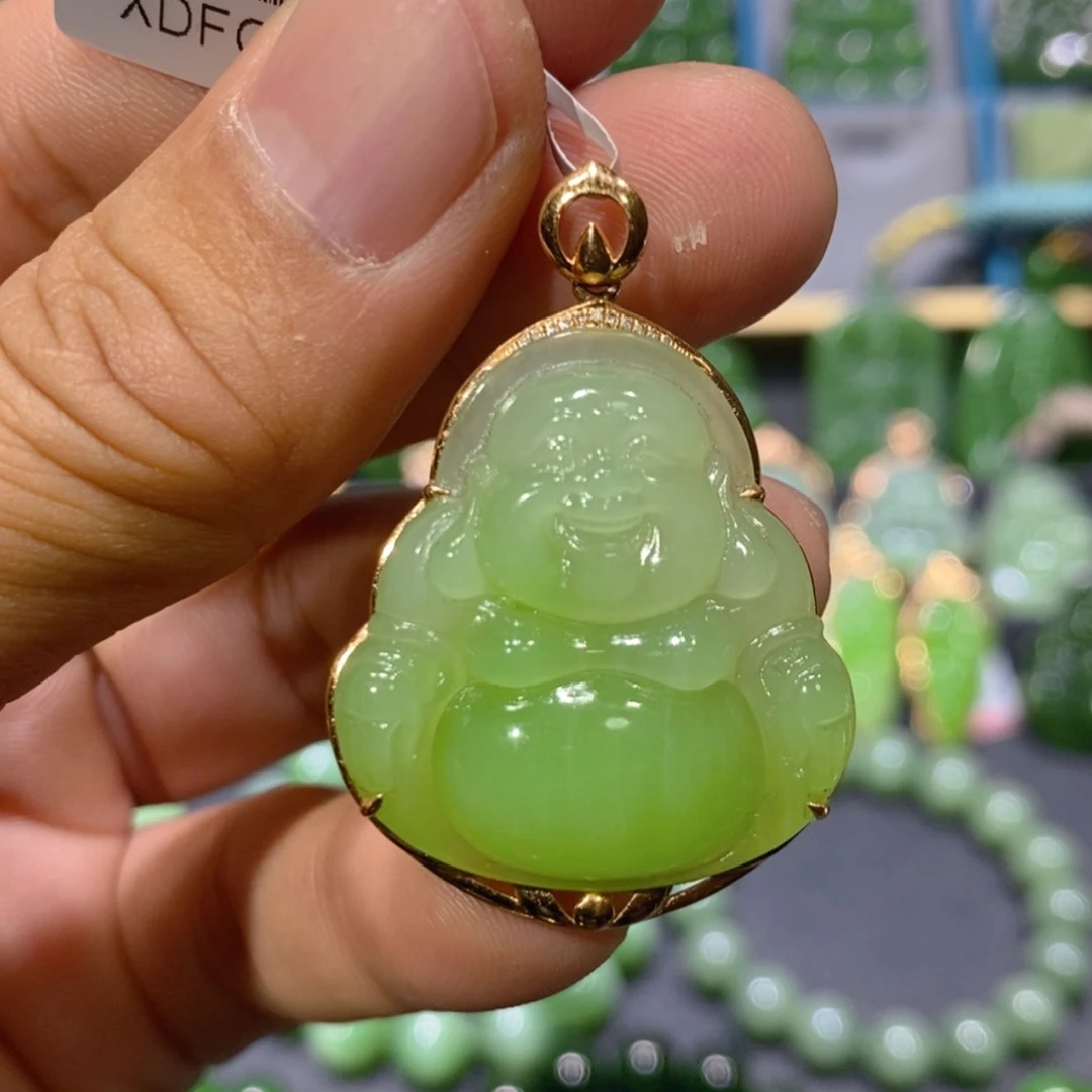 【闪购商品】和田玉吊坠(不含链)18K金镶嵌苹果绿佛公28/8