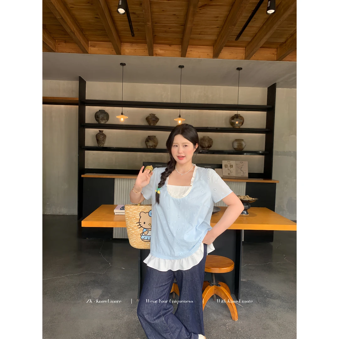 知葵微胖定制【海盐微醺】夏季假两件拼接刺绣花朵衬衫12252CS4600