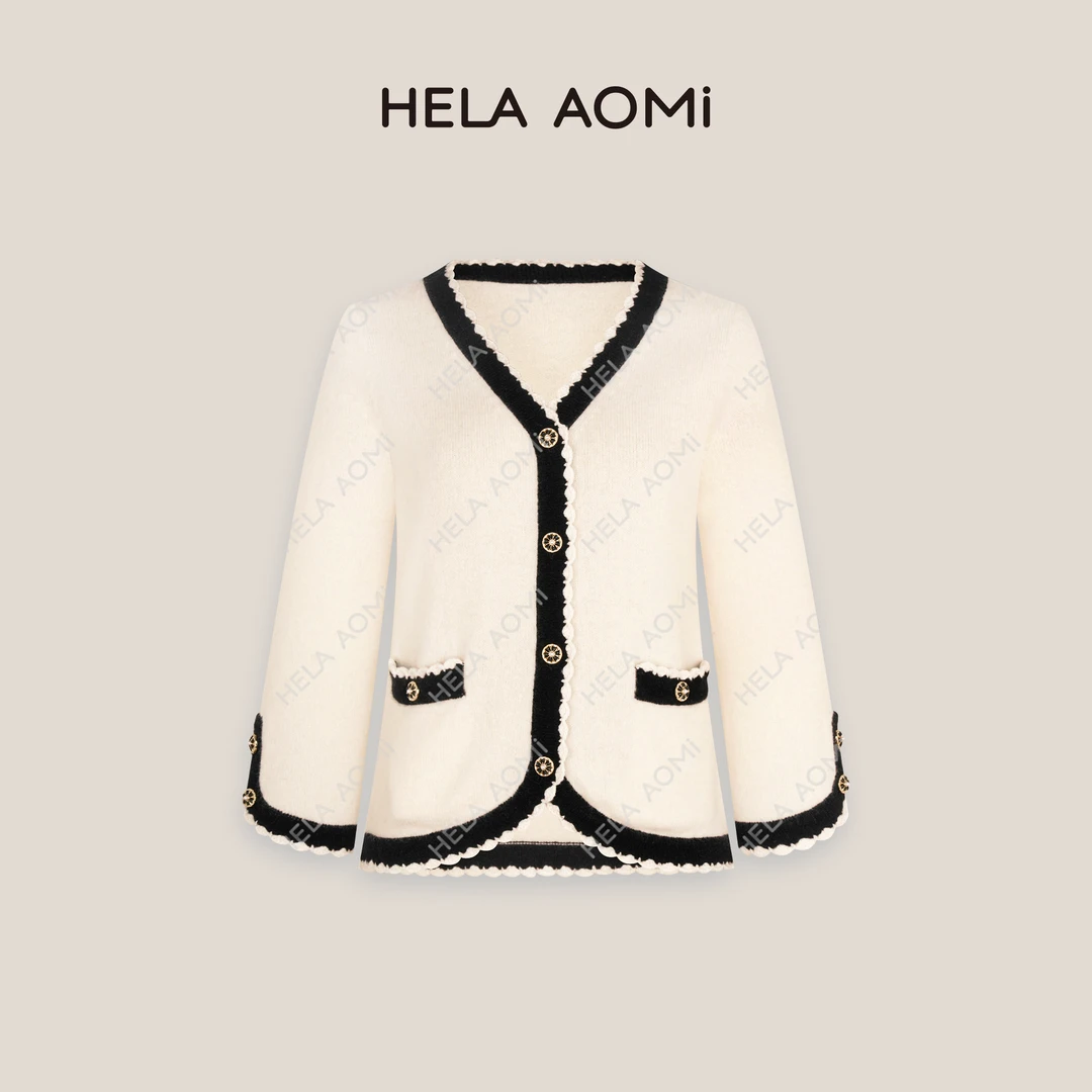 HELAAOMI “高定纱线”96.5%绵羊毛山羊绒撞色小香风针织上衣