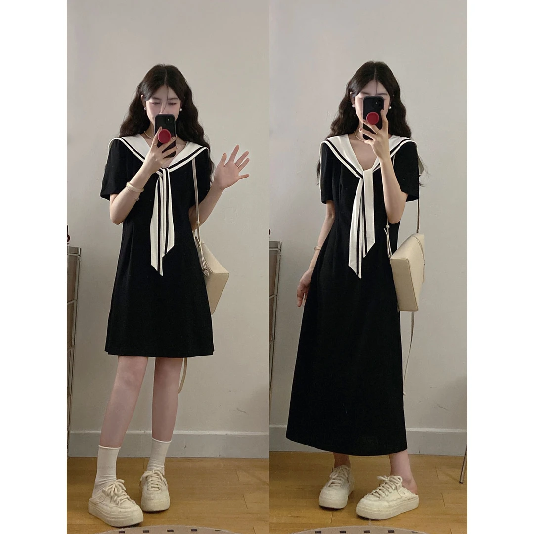 大码胖妹妹女装夏季韩系海军领学院风短袖连衣裙胖MM显瘦气质裙子