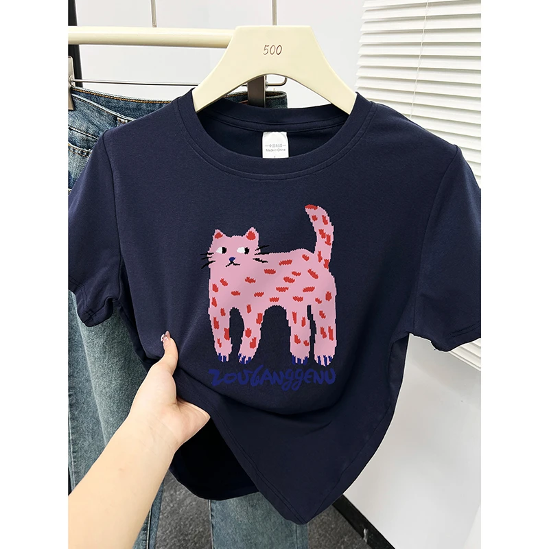 正肩短袖t恤女夏季新款韩版设计感猫咪印花大码女装显瘦圆领上衣