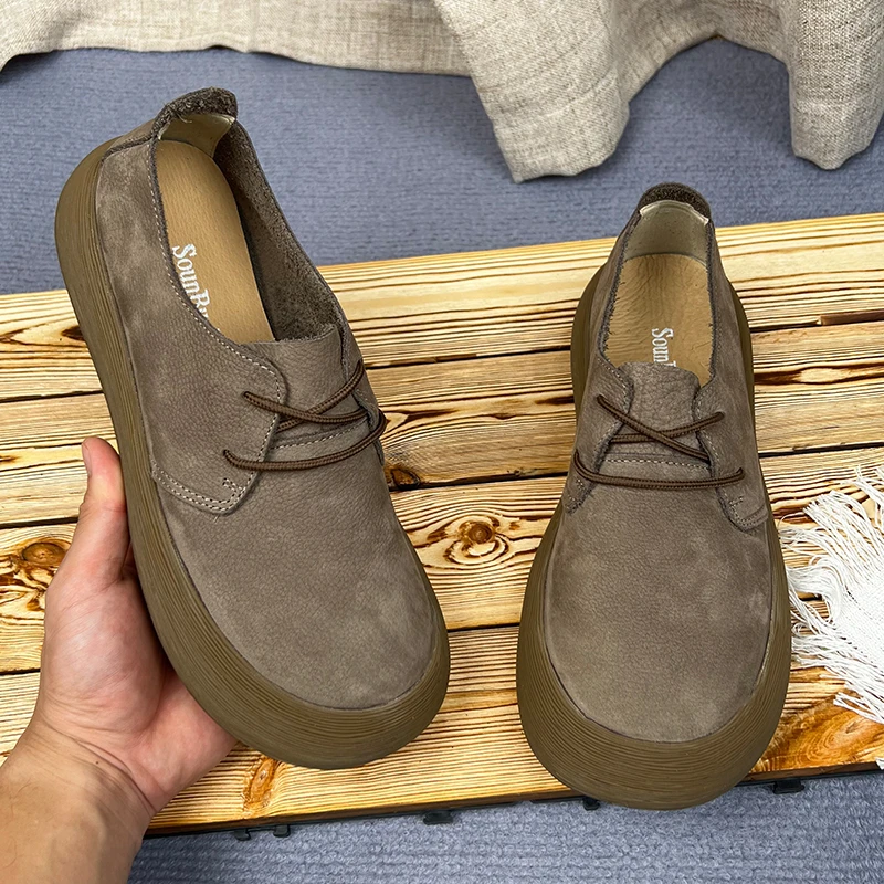 男士休闲皮鞋复古皮鞋软底系带厚底潮鞋单鞋头层牛皮时尚软底百搭