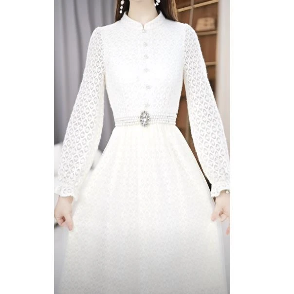 【连衣裙】冬季小立领领高定款气质显瘦洋气长袖中长款连衣裙M-4XL