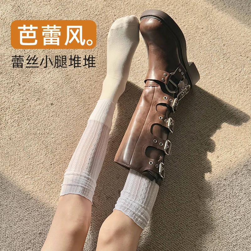 春秋芭蕾风蕾丝薄款腿套女堆堆小腿套叠穿骑士靴长筒靴袜子配长靴
