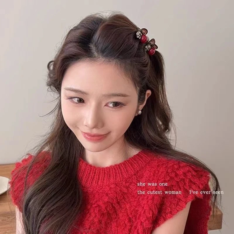 珍珠水钻红色迷你发卡抓夹小号刘海夹前额碎发夹公主头发夹子头饰