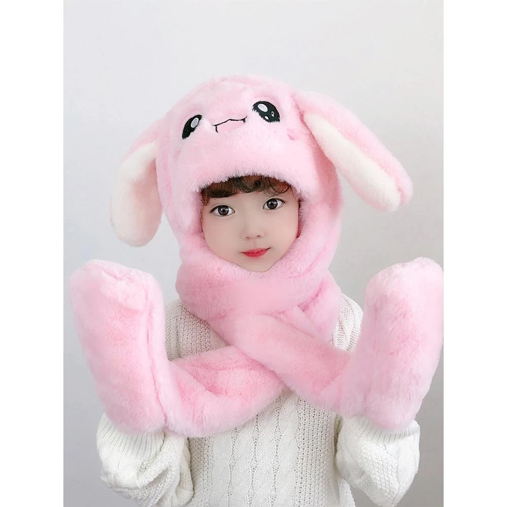 儿童帽子秋冬季男女童可爱围巾手套一体兔耳朵会动毛绒加厚三件套