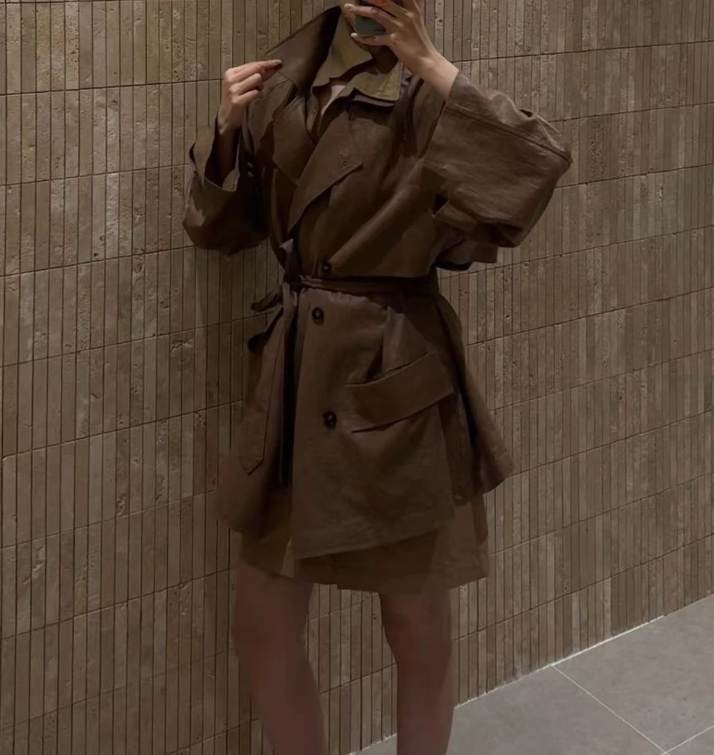 重工涂层假两件中长款风衣外套女25657