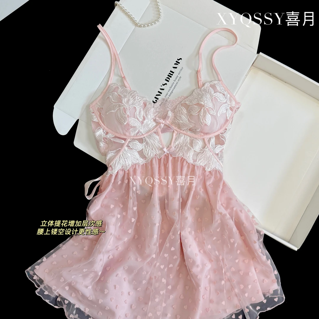 粉黛新款法式夏季吊带性感蕾丝睡裙薄款提花少女刺绣带胸垫战袍