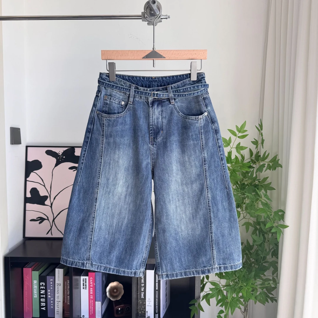 美式复古做旧牛仔七分裤男夏新款高腰显瘦宽松阔腿中短裤牛仔短裤