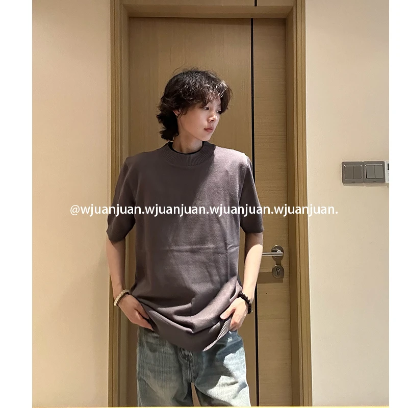 『WJUANJUAN』高级感老钱风轻薄显瘦气质小高领男女针织短袖T恤衫