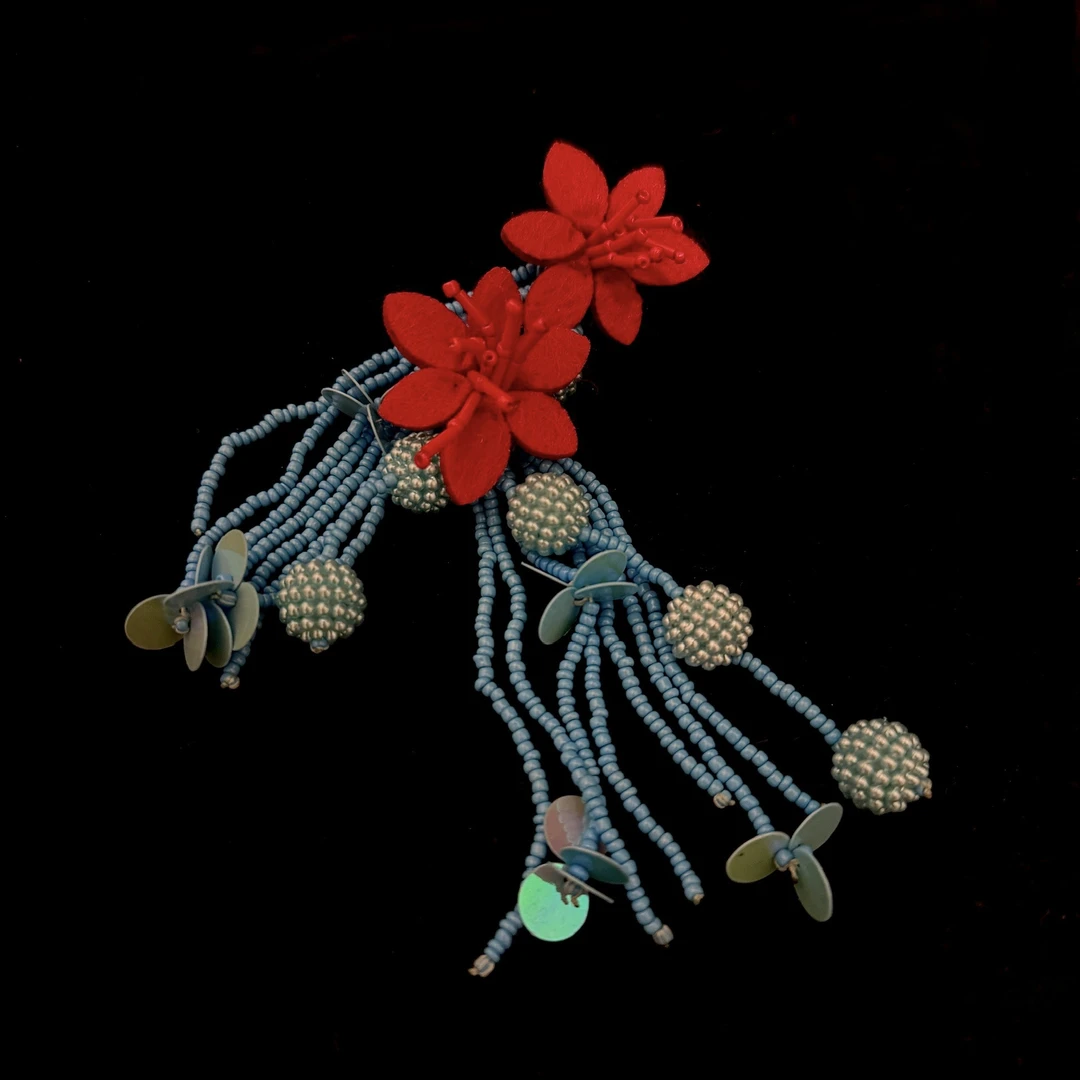 合金耳饰 西雅图暮色沙滩 复古撞色花朵名族风长款流苏耳饰