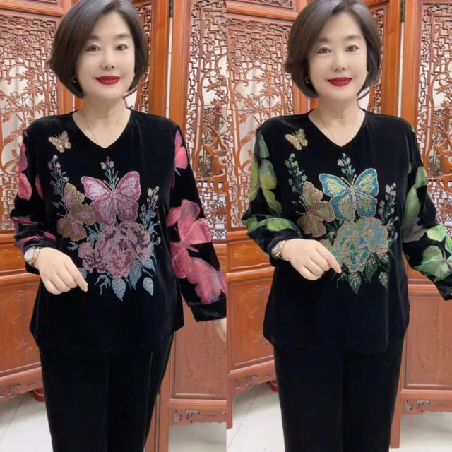 重工烫钻丝绒打底衫中老年女装气质时尚宽松洋气百搭妈妈装上衣