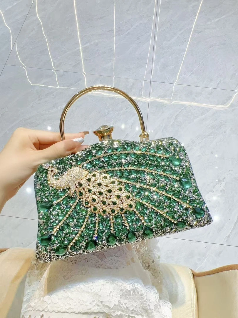 【孔雀开屏晚宴包】重工绿色单肩宴会晚宴包斜跨女包