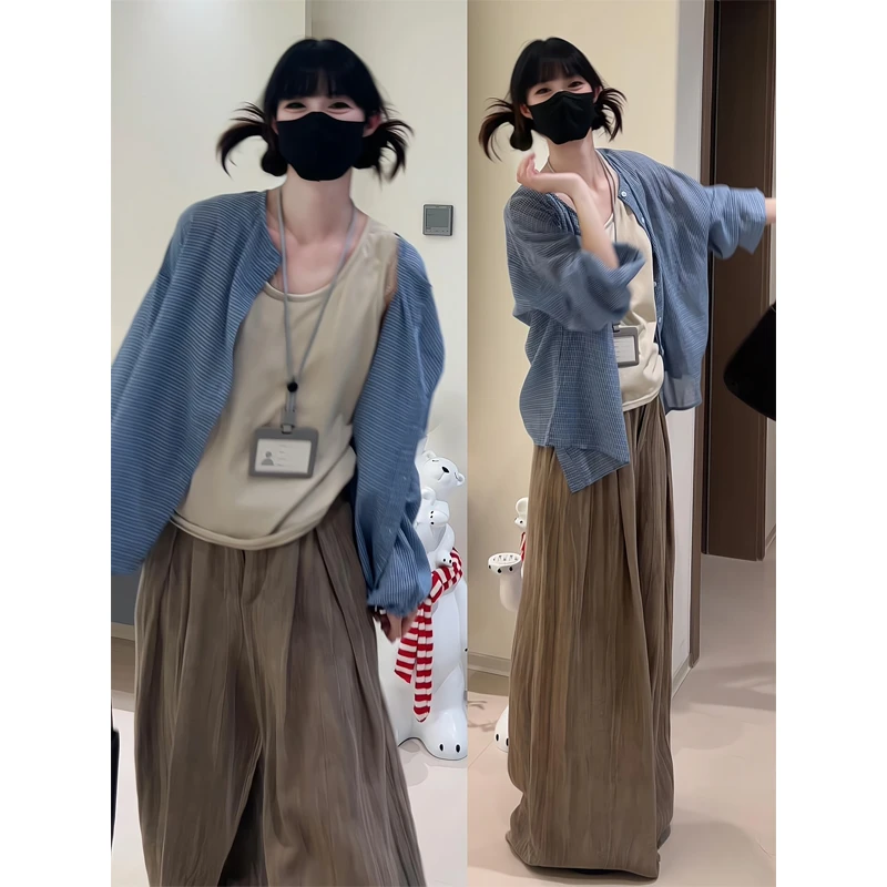 松弛感复古防晒衬衫薄款开衫衬衣上衣高腰直筒宽松阔腿裤休闲裤女