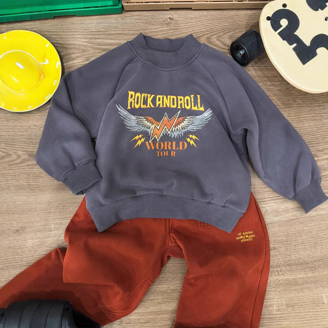 儿童复古加绒卫衣2025冬季新款男童洋气印花一体绒保暖加厚上衣潮