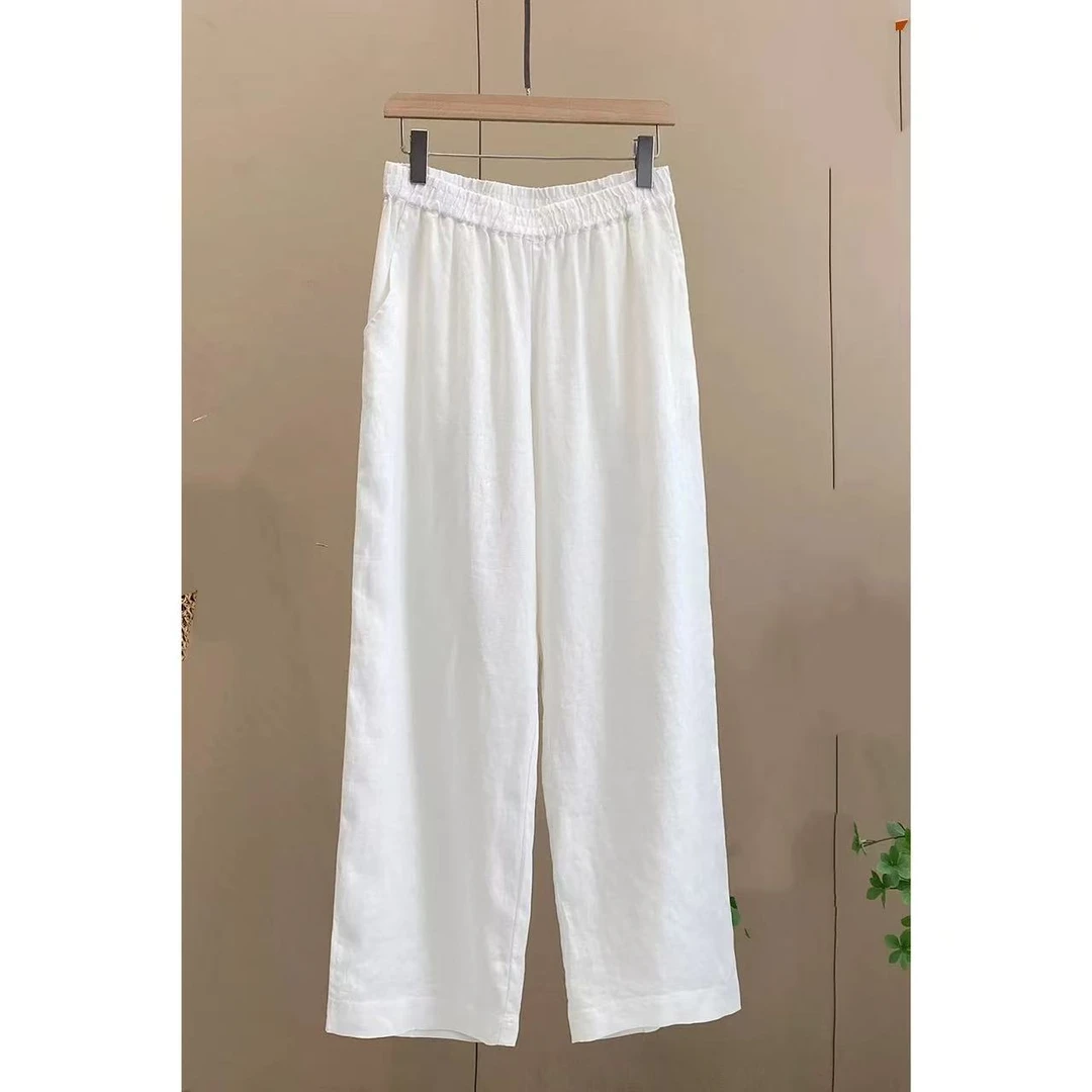 进口亚麻松紧腰休闲裤垂感高腰白色长裤TDG005