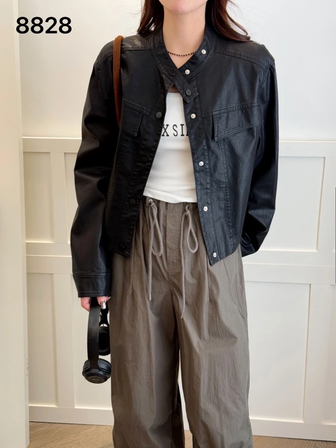 范范家  韩版立领皮衣气质短款减龄夹克外套8828