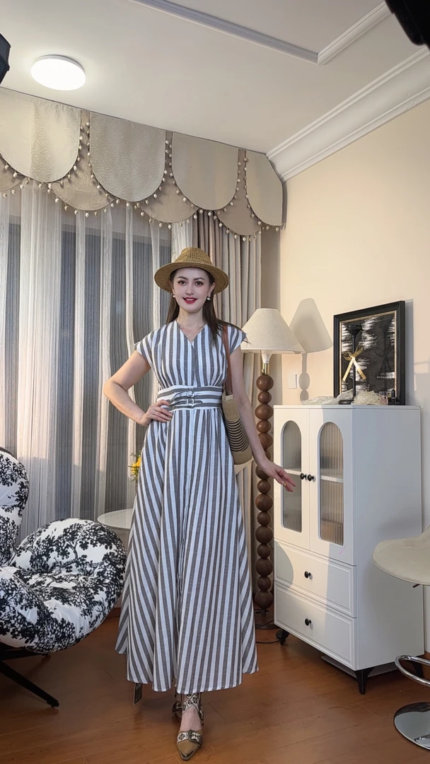 复古显瘦连衣裙宽腰封遮肉条纹棉麻大摆裙夏