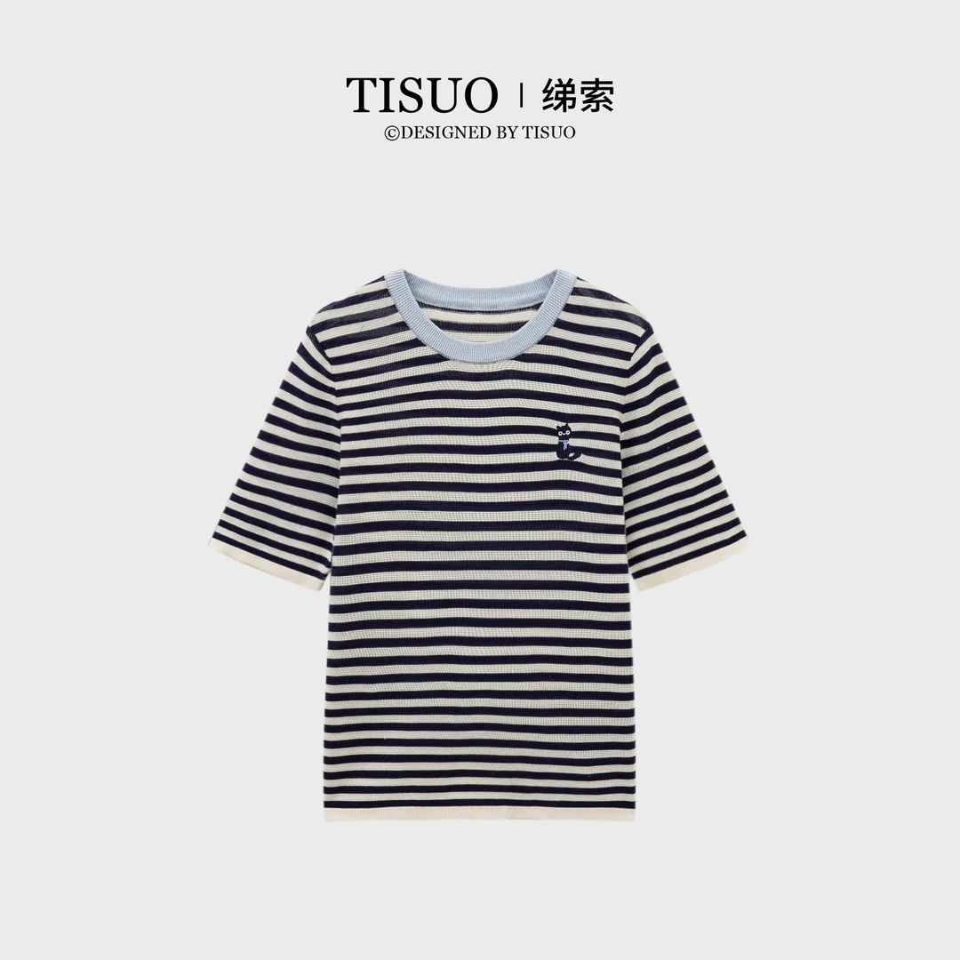 TISUO/绨索“冰淇淋猫”撞色条纹猫咪刺绣短袖上衣TS545003
