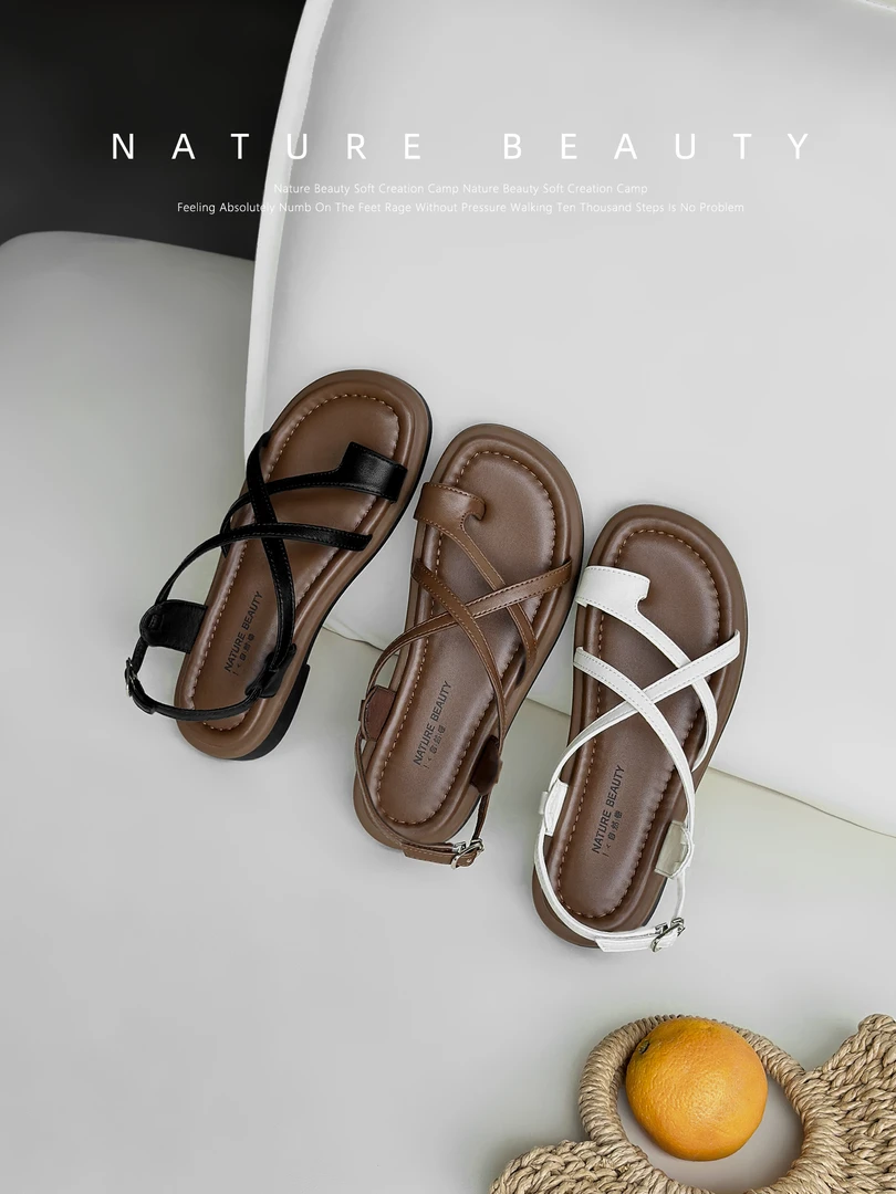 自然卷夏季罗马鞋复古百搭休闲交叉带套趾平底简约度假风沙滩凉鞋