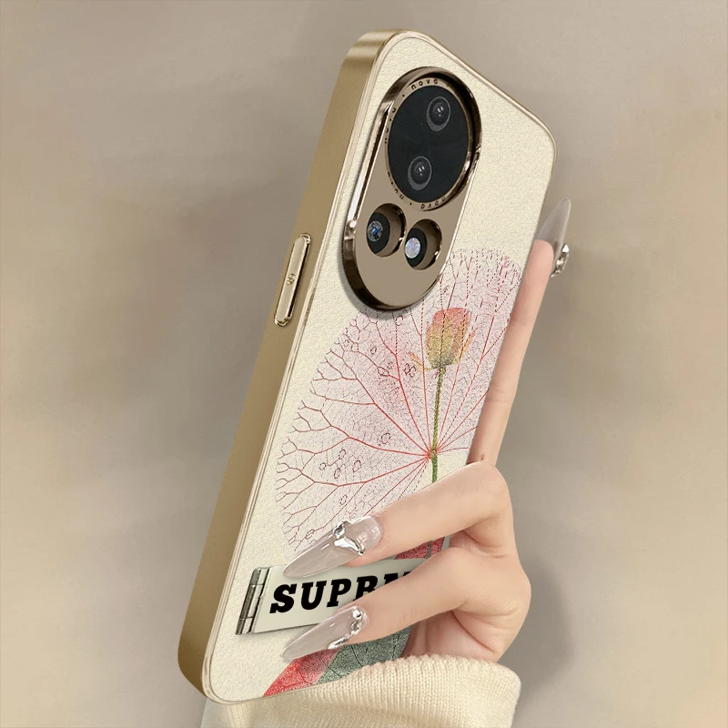 荷花莲花适用华为nova13手机壳电镀皮纹轻奢带支架实用配件高级感