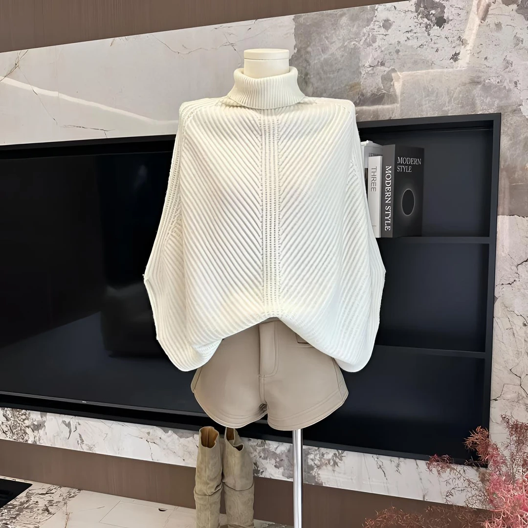 优雅新贵私服斗篷上衣白色针织毛衣卡其色短裤套装