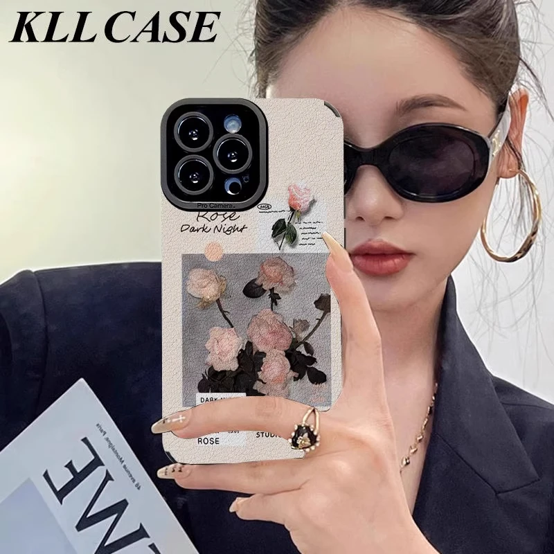 【进口小羊皮】适用苹果16promax手机壳复古油画玫瑰彩绘iphone15女