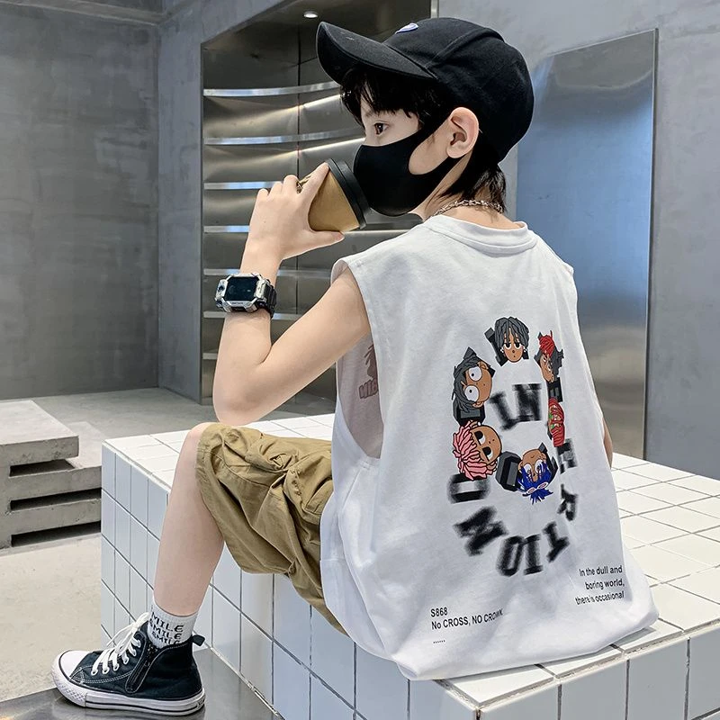 夏季中大童短背心外穿儿童纯棉动漫潮童圆领运动风格薄款无袖坎肩
