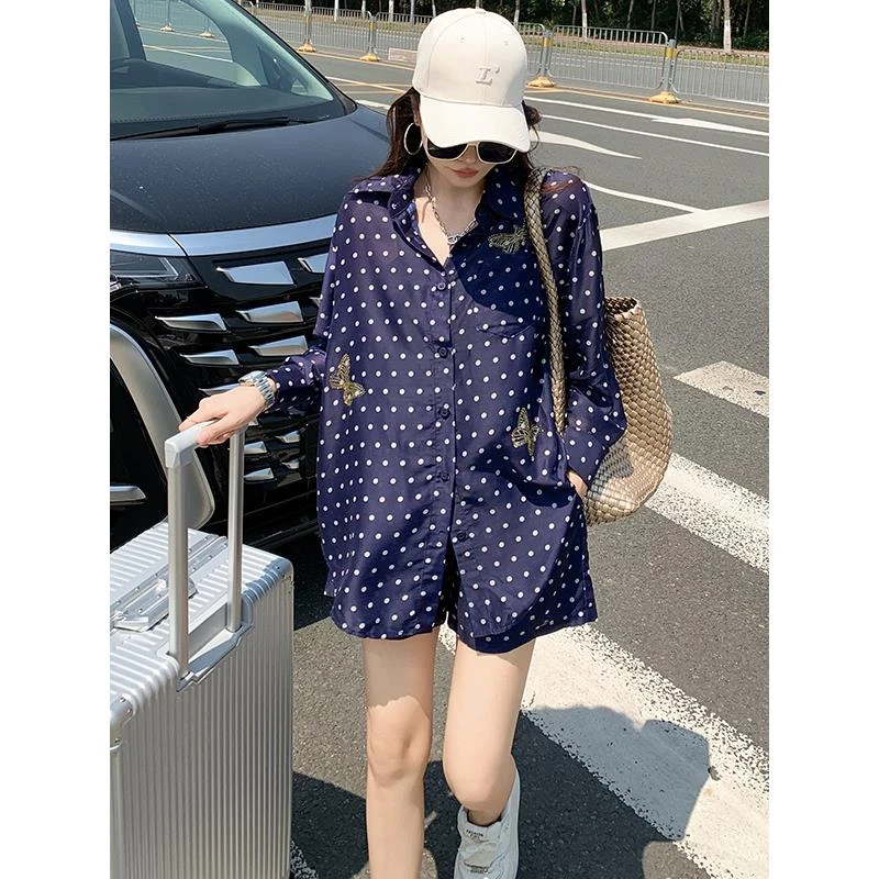 chic韩风休闲运动套装女春夏薄款波点蝴蝶衬衫上衣短裤时尚两件套
