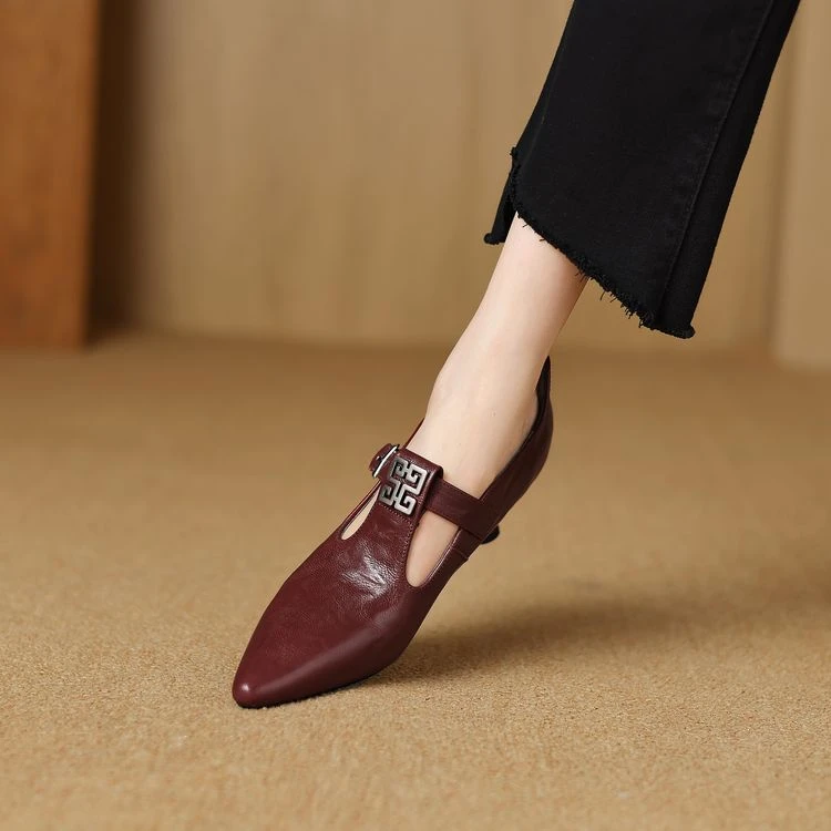 头层软羊皮~5cm新款尖头丁字扣带中跟细跟单鞋女鞋气质高跟小皮鞋