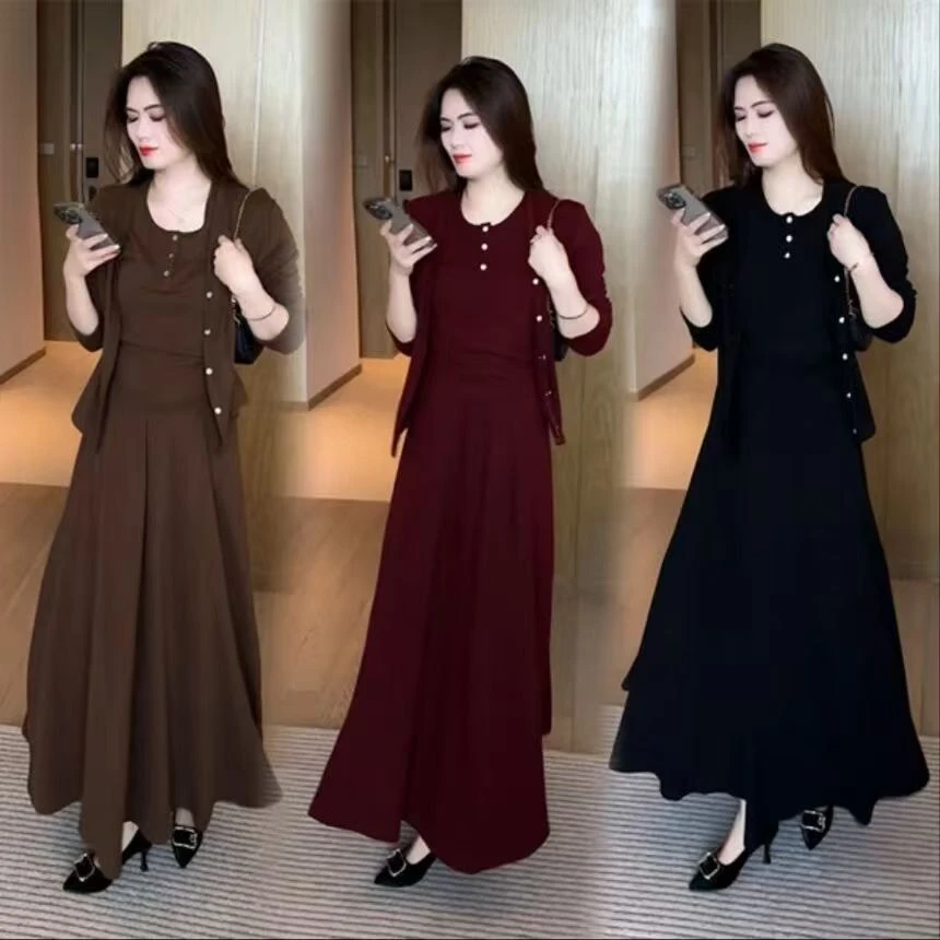 春秋新款早秋洋气减龄休闲弹力套裙女时尚纯色上衣开衫裙子三件套