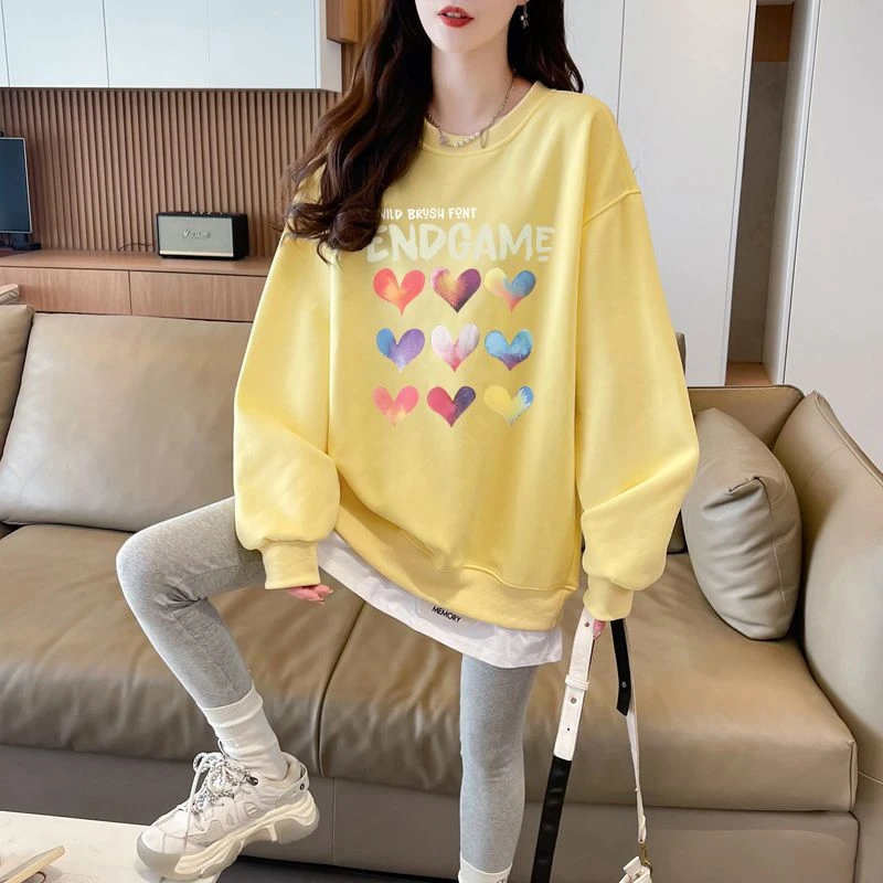 爱心印花长袖圆领卫衣女春秋季薄款休闲百搭洋气拼接假两件上衣服