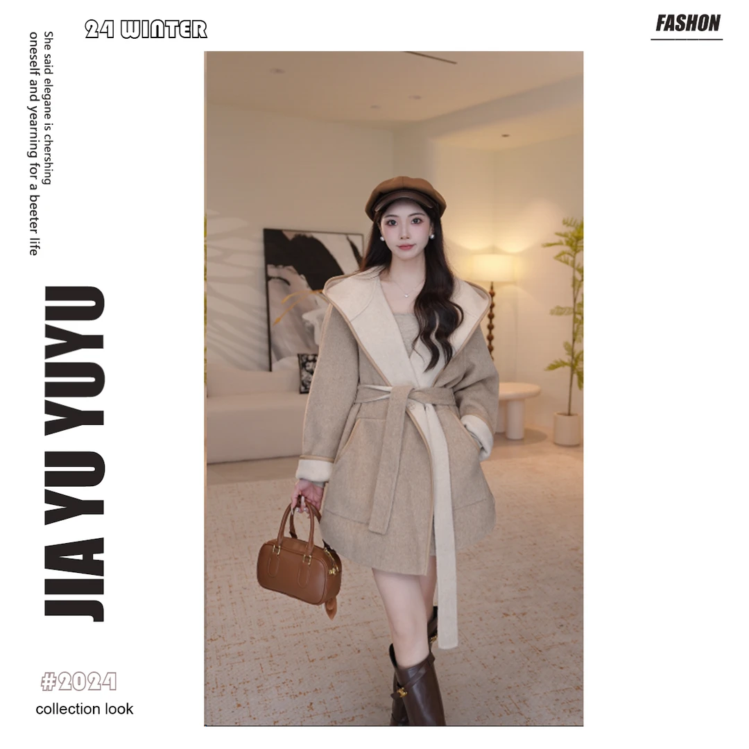 【佳瑜】秋冬新款韩版毛呢大衣宽松气质连帽外套女28D186