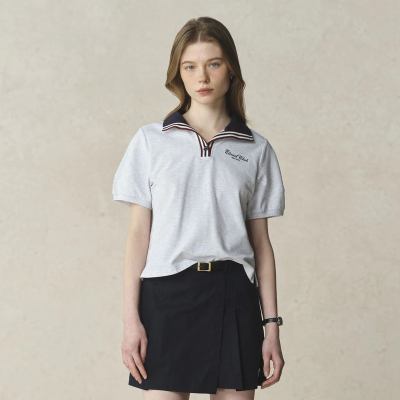 Eland衣恋T恤女门襟学院夹条花苞短袖上衣EEHWF23T7A