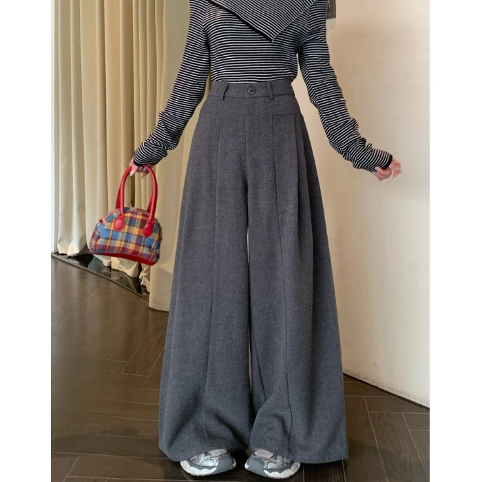 灰色毛呢休闲裤女秋季新款高腰宽松显瘦直筒裤垂感阔腿拖地长裤子