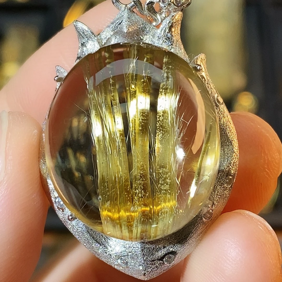 银S925镶嵌颈饰水晶天然净体顺板钛晶吊坠毛衣链