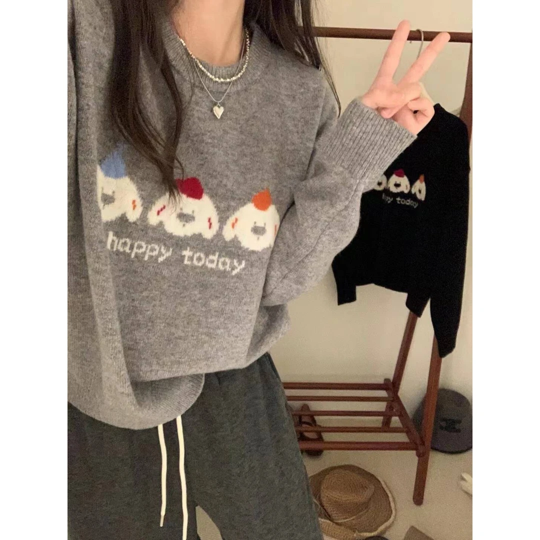 黑色毛衣女秋冬宽松日系复古慵懒短款软糯可爱刺绣小个子针织上衣