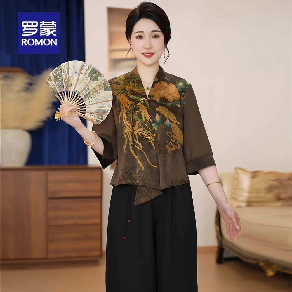 妈妈装新中式国风印花高级感小衫气质洋气中老年两件套时尚套装