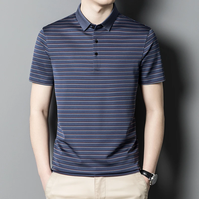 高端100%桑蚕丝短袖T恤男士夏季薄款商务休闲翻领条纹真丝polo衫