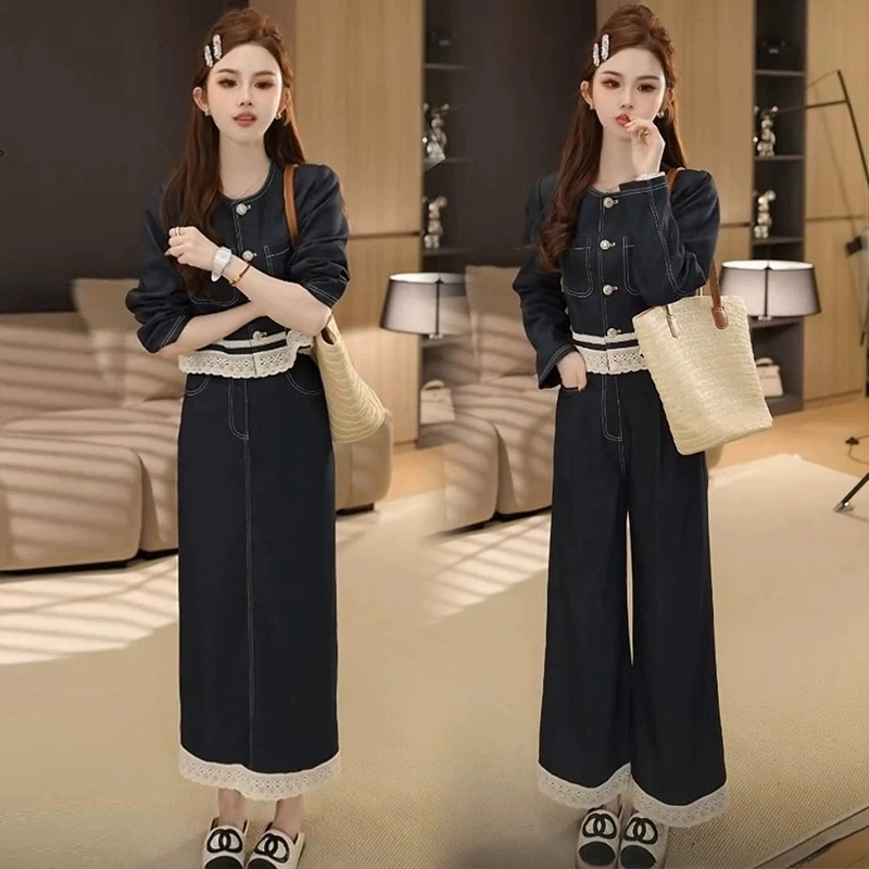 高级感牛仔套装女春季新款小个子设计感蕾拼接外套阔腿裤两件套