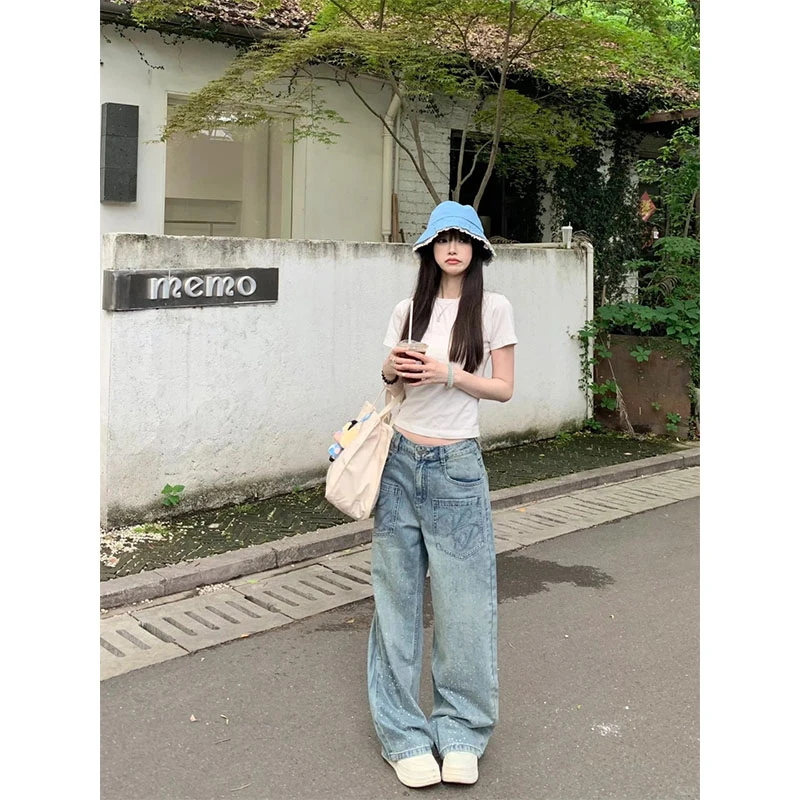 小众设计款显瘦修身穿搭正肩T恤短袖上衣时尚直筒牛仔宽松长裤女