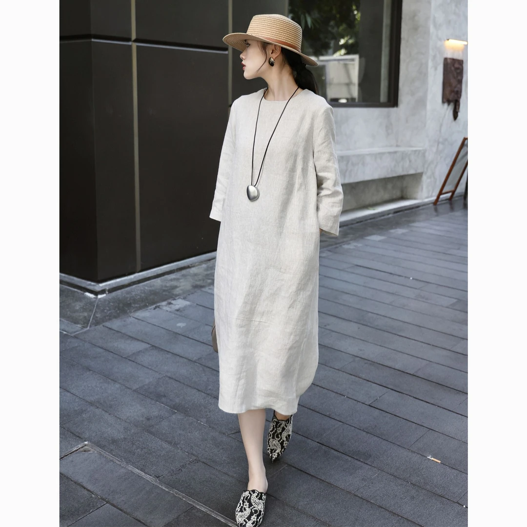 ZEROYK洋气减龄圆领连衣裙秋季新款100分亚麻小众设计感休闲裙子
