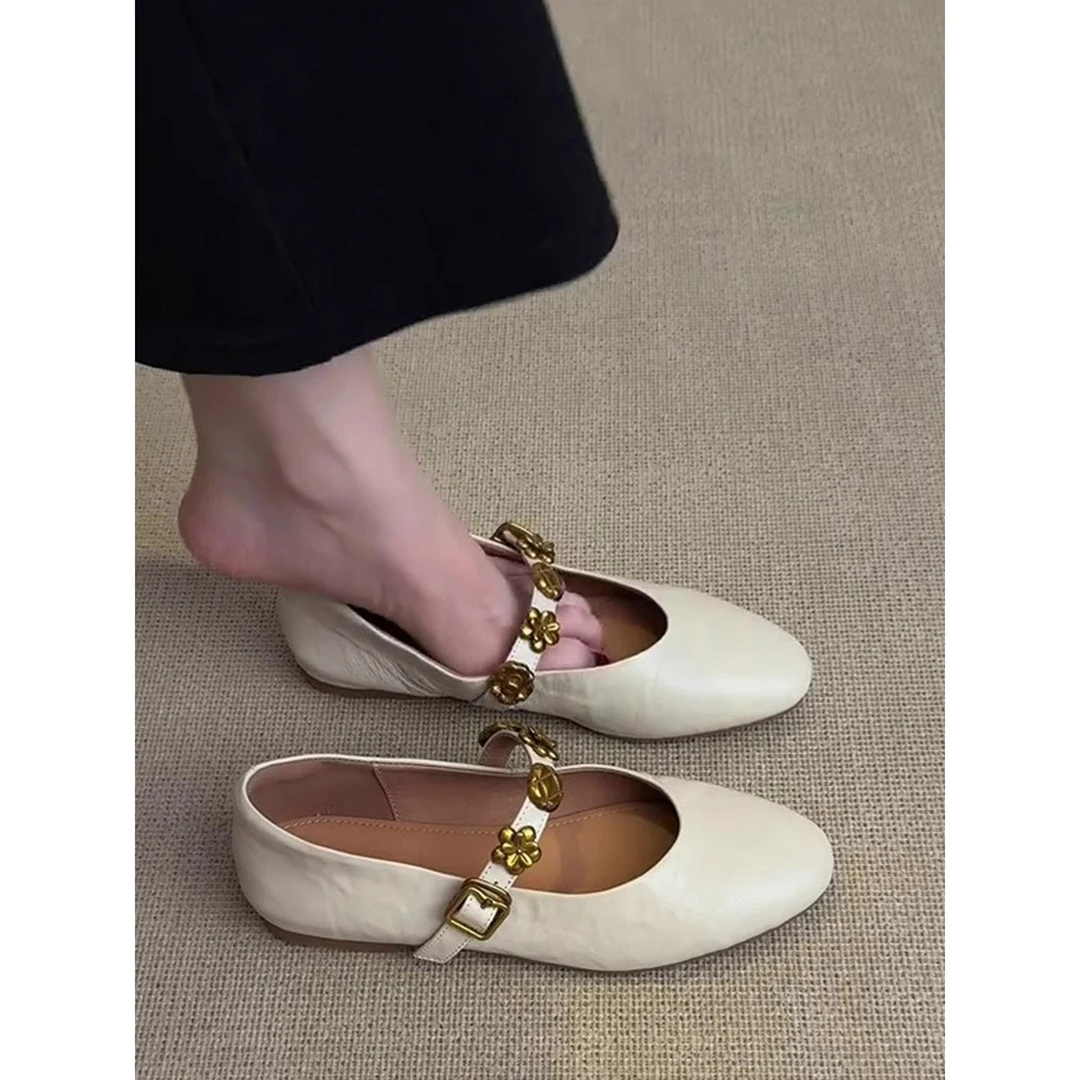 牛皮版~复古风浅口法式单鞋女百搭气质一字带平底通勤玛丽珍女鞋