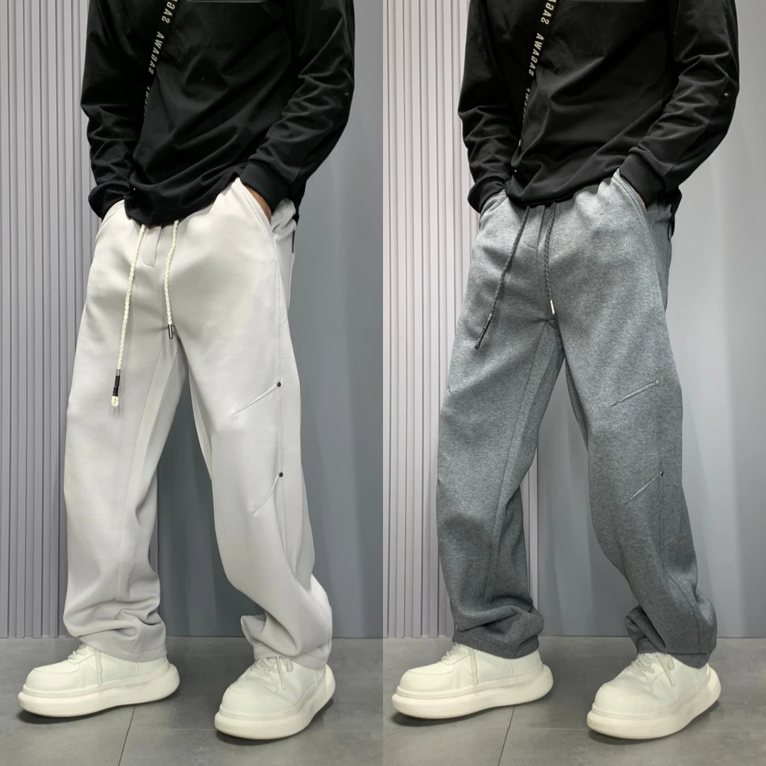 早秋新款美式复古工装裤男款宽松阔腿休闲裤潮流口袋抽绳弯刀长裤