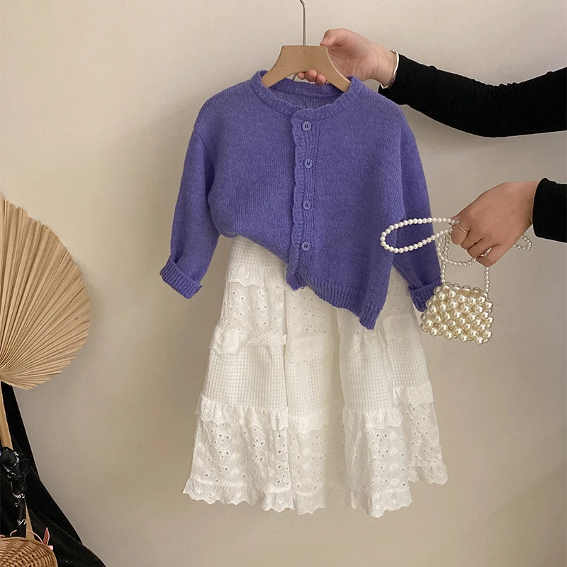 R25165春季新款百搭碎花裙韩版女童新款花边针织开衫上衣两件套潮