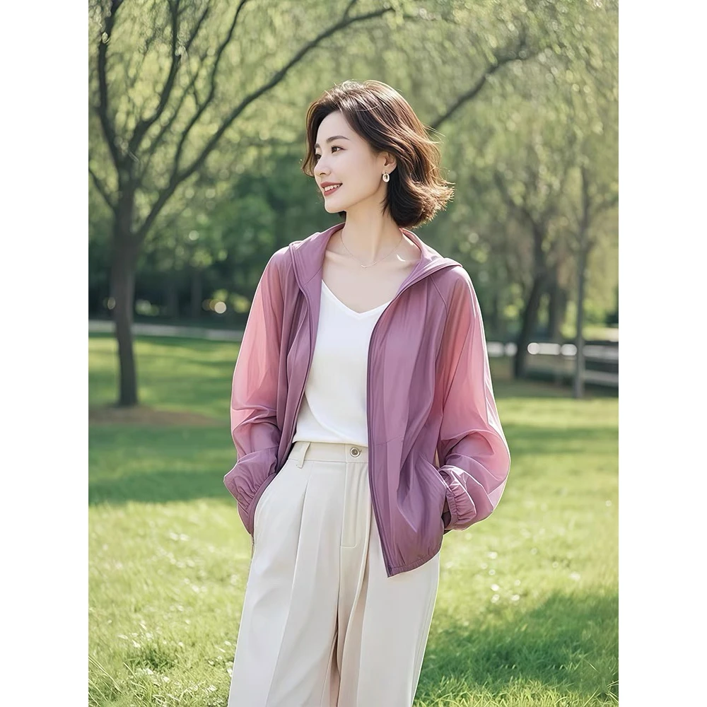 时尚夏季薄款洋气女装连帽上衣长袖轻薄纯色透气防晒百搭外套宽松