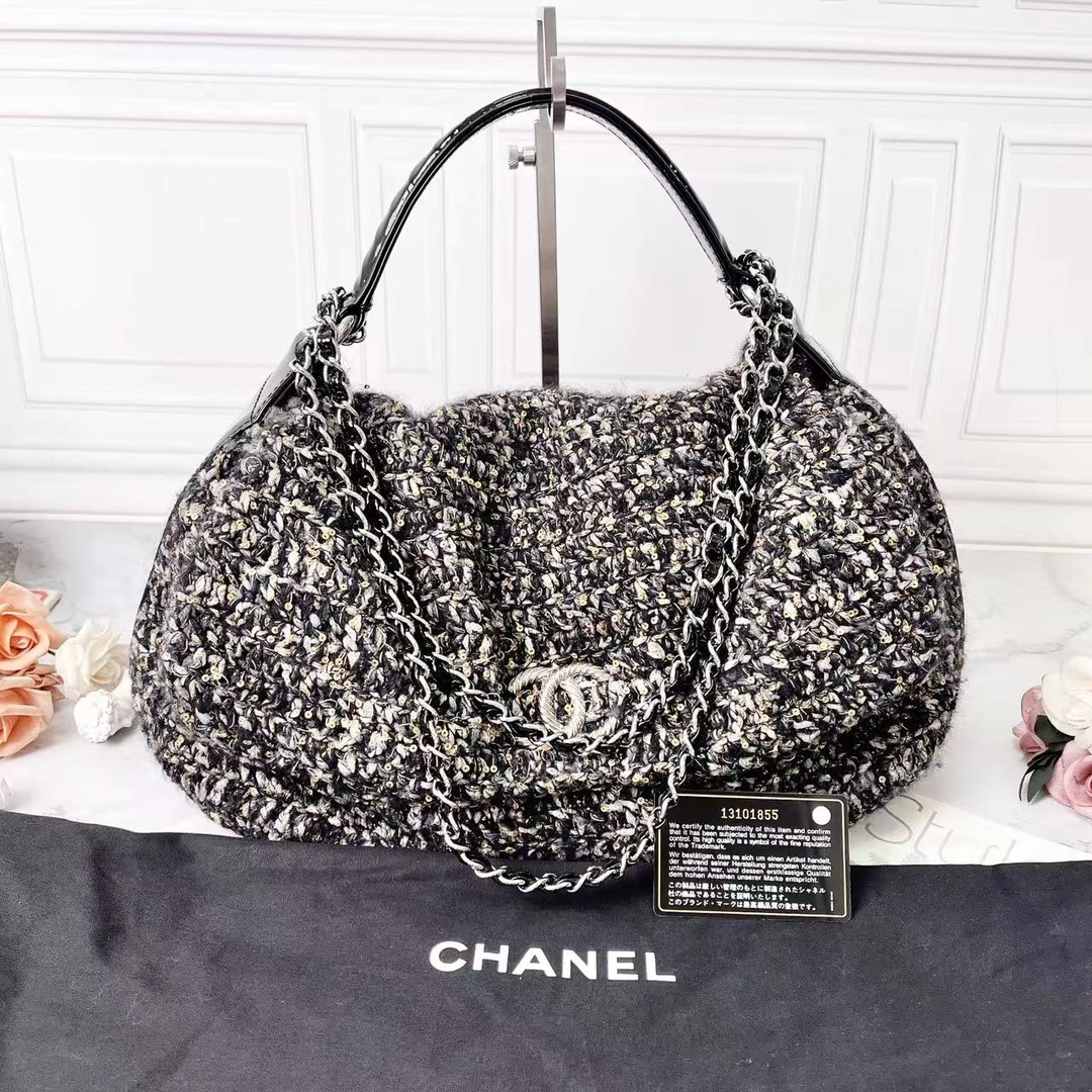 95新 Chanel/香奈儿 毛呢编织hobo手提单肩包xxl机场包